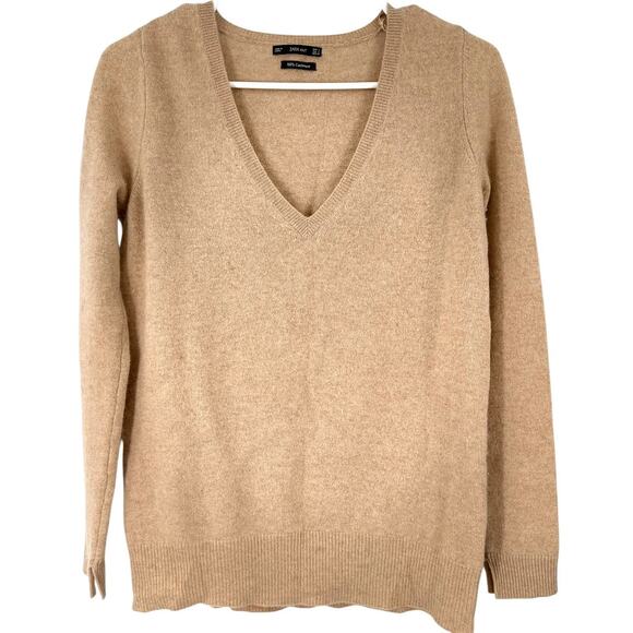 ZARA | S | Sweater 100% Pure Cashmere Tan V Neck Quiet Luxury Pull Over Knit - Picture 2 of 6